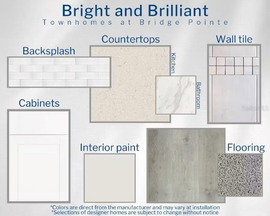 This design board displays material samples for townhome finishes including countertops, cabinets, tile, and flooring — 402 CHESAPEAKE DRIVE, ST CLOUD, FL
