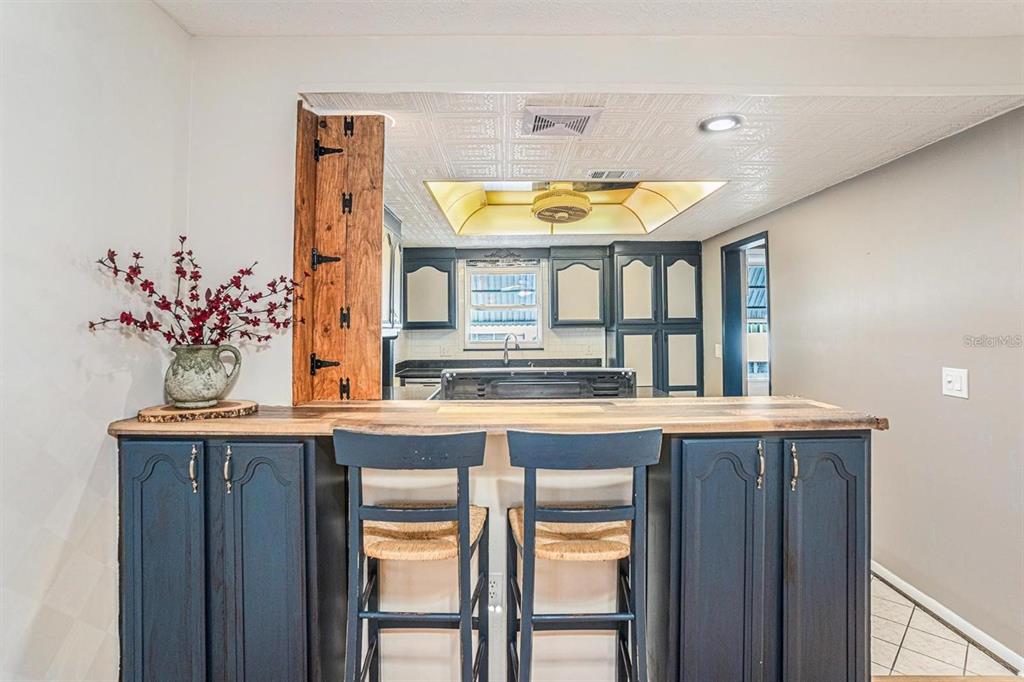 A kitchen with blue cabinets, a wooden countertop bar, and a textured white ceiling — 1900 59TH AVENUE N UNIT 210, ST PETERSBURG, FL