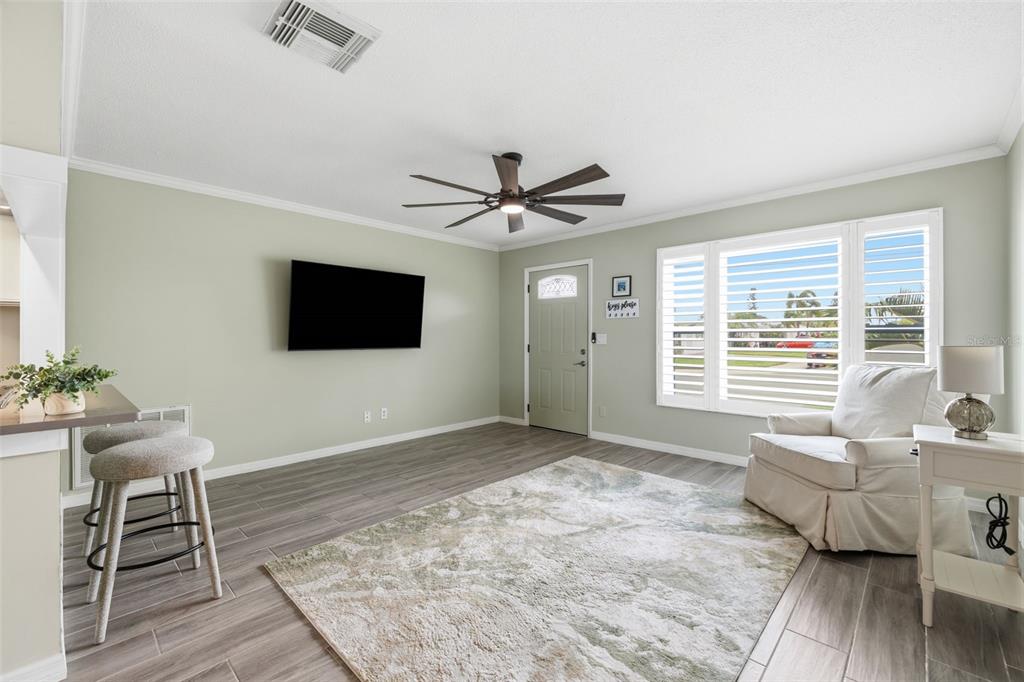 A living room with light green walls, wood-look tile flooring, a ceiling fan, and shutters — 9729 37TH STREET N, PINELLAS PARK, FL