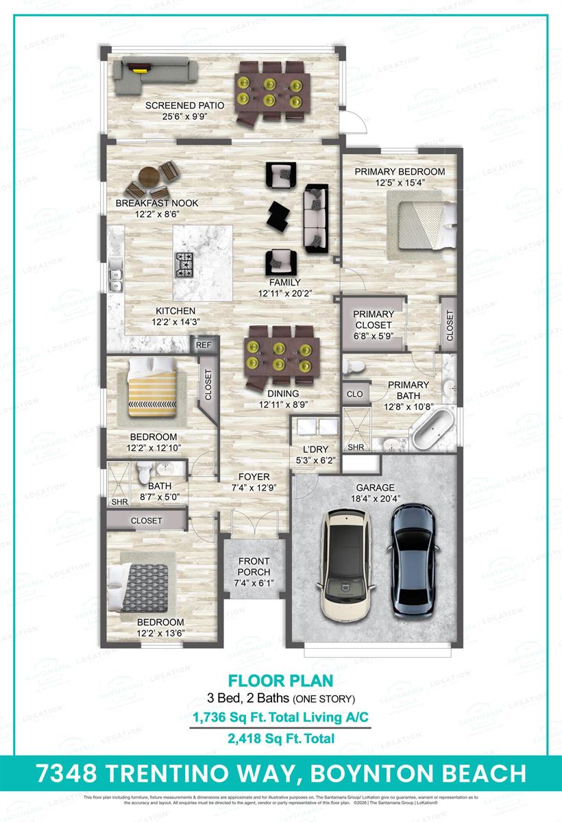 This floor plan shows a three-bedroom, two-bathroom home with a garage and screened patio — 7348 Trentino Way, Boynton Beach FL 33472, BOYNTON BEACH, FL