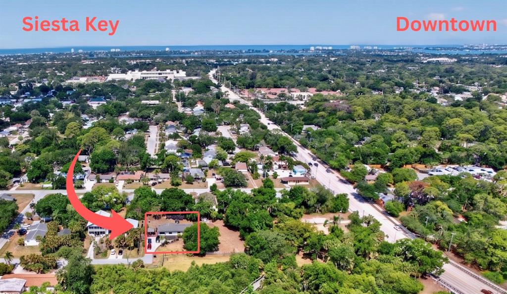 An aerial view shows a single-story house highlighted by a red box and arrow — 4842 NUTMEG AVENUE, SARASOTA, FL