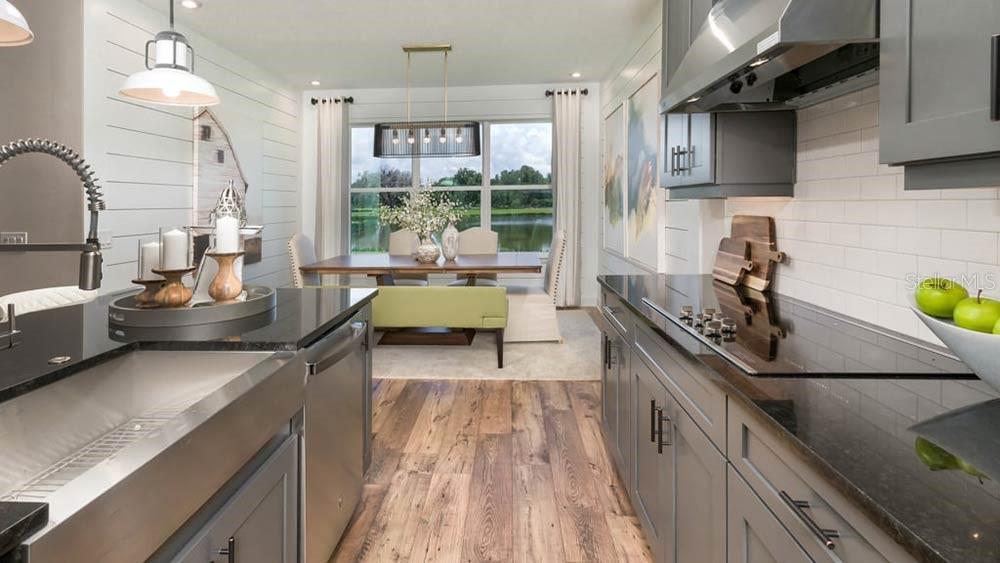 A kitchen with gray cabinets and black countertops looking out toward a dining area — 113 ARMOYAN DRIVE, PALM COAST, FL