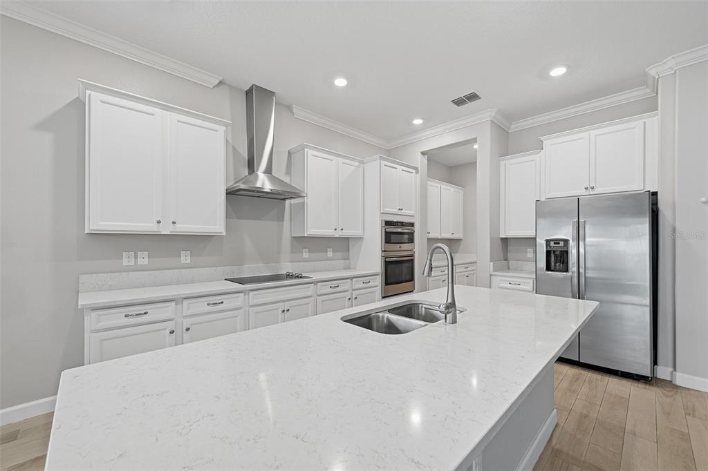 A modern kitchen features white cabinetry, quartz countertops, stainless steel appliances, and a central island — 16920 SCUBA CREST STREET, WIMAUMA, FL