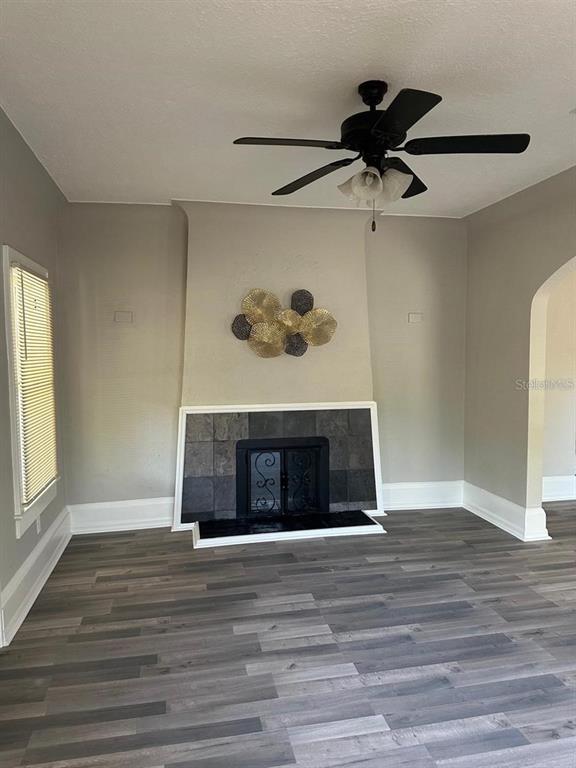 A living room features a fireplace with dark tile, wood-look flooring, and a ceiling fan — 221 N JULIA AVENUE, DELAND, FL