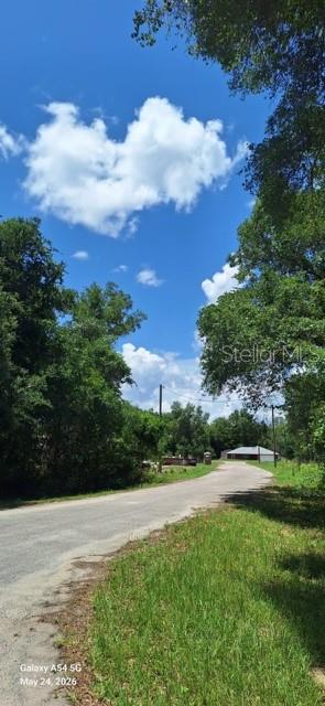 A paved road curves through a wooded area toward a house under a blue sky — SEQUOIA DRIVE Lot 5, OCKLAWAHA, FL