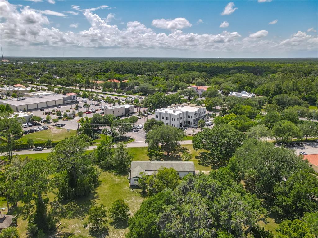 An aerial view shows a single-story house on a large, tree-filled lot outlined in red — 10 MIRROR LAKE DRIVE, ORMOND BEACH, FL