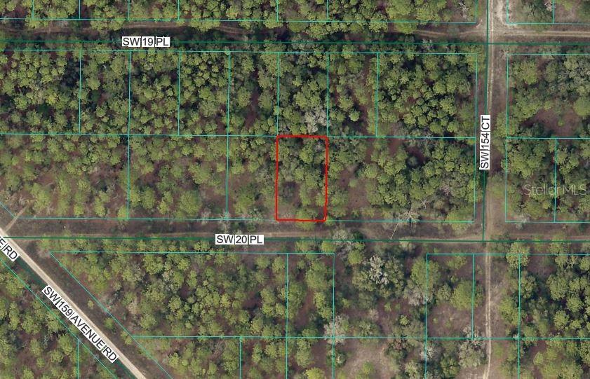 This aerial map shows a rectangular plot of land outlined in red within a wooded area — SW 20TH PLACE, OCALA, FL