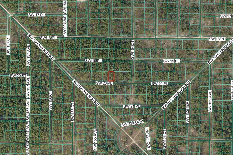 This is a map showing a highlighted rectangular land parcel surrounded by wooded lots — SW 20TH PLACE, OCALA, FL