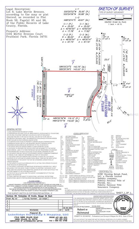 This is a survey map showing the property boundaries and easements for a vacant lot — 1104 MYRTLE BREEZES COURT, FRUITLAND PARK, FL