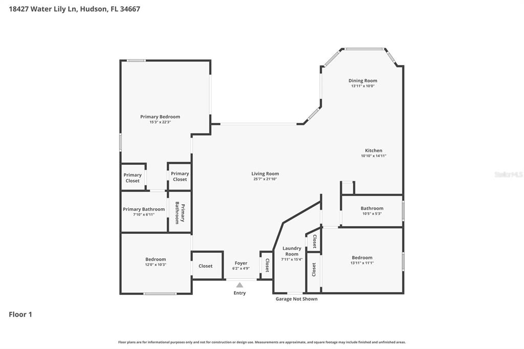 This is a floor plan for a single-story house with three bedrooms and two bathrooms — 18427 WATER LILY LANE, HUDSON, FL