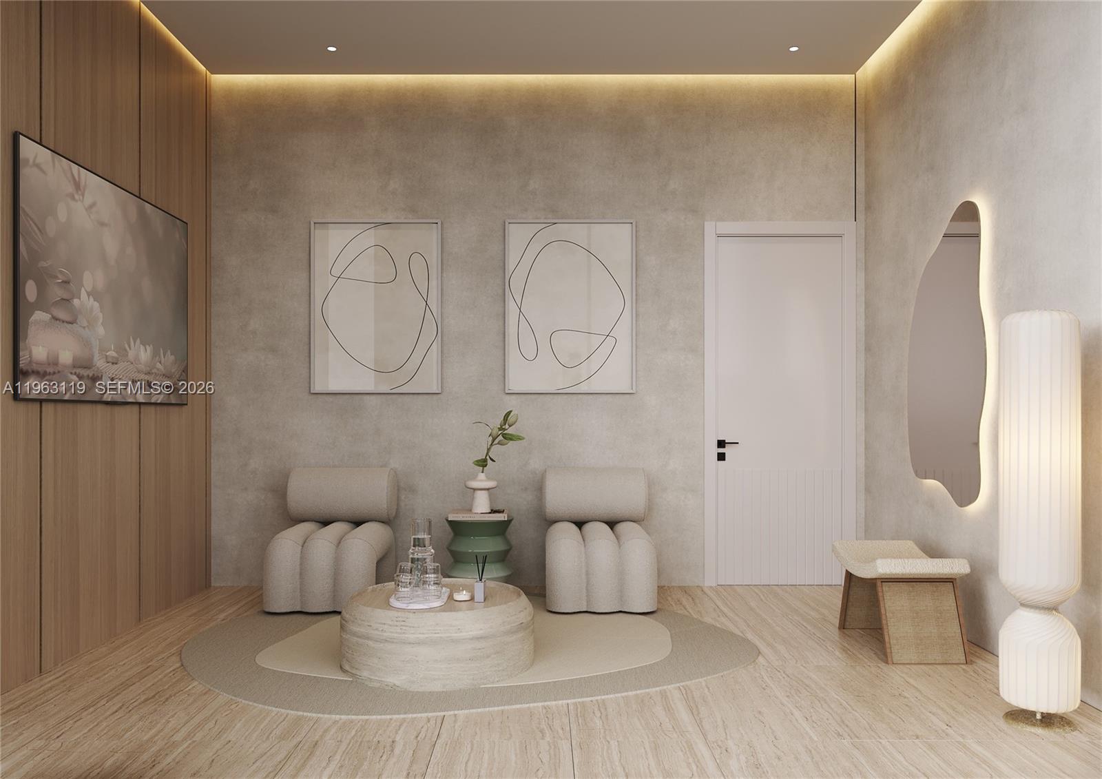 This is a rendering of a modern, neutral-toned waiting room with two armchairs and artwork — 1136 SW 3rd Ave # 504, Miami FL 33130, MIAMI, FL
