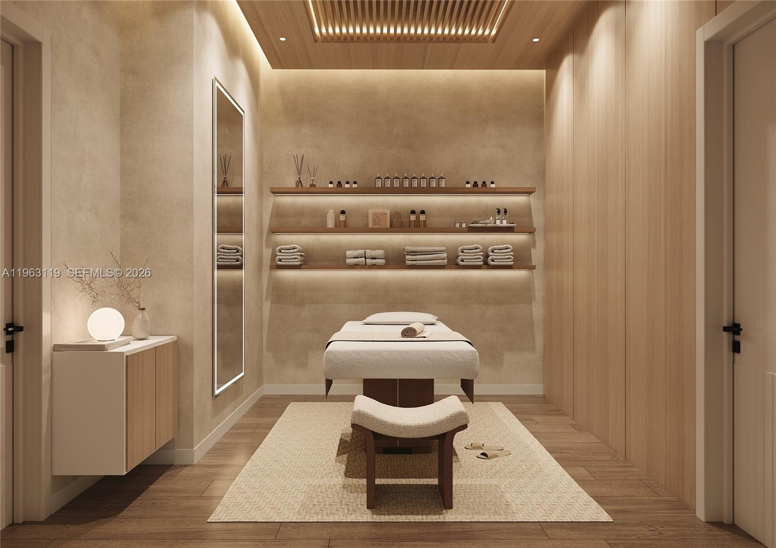 This rendering shows a minimalist spa treatment room with a massage table and wooden accents — 1136 SW 3rd Ave # 504, Miami FL 33130, MIAMI, FL