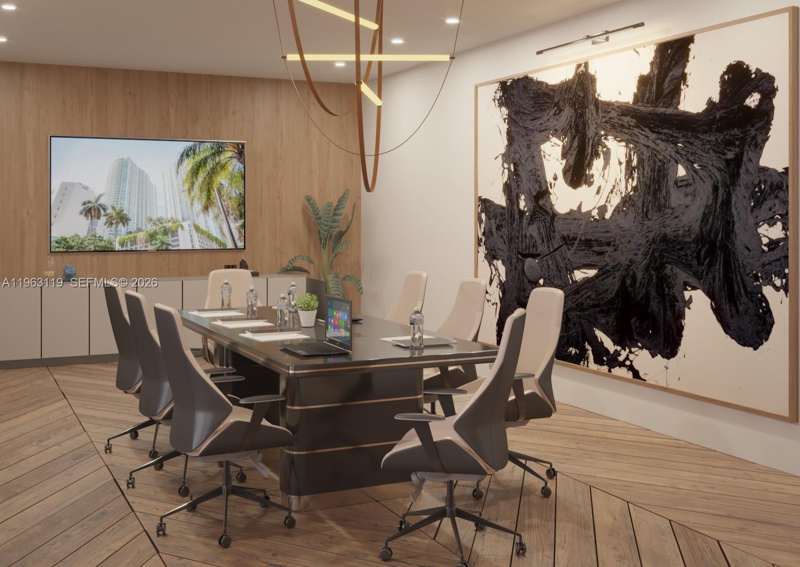This rendering shows a modern conference room with a dark table, chairs, and abstract art — 1136 SW 3rd Ave # 504, Miami FL 33130, MIAMI, FL