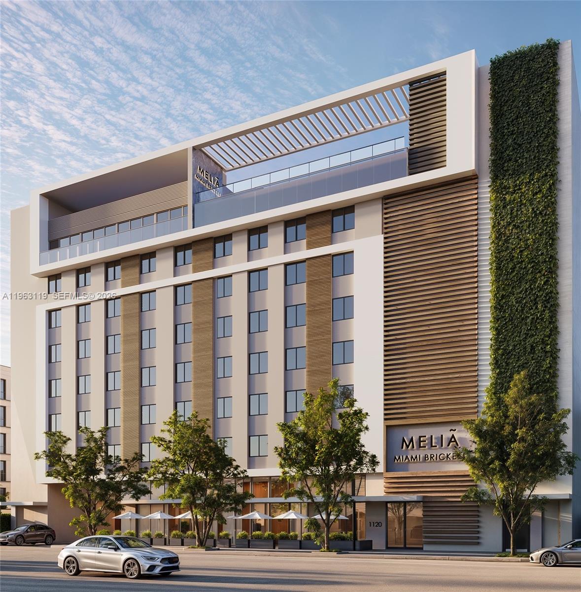 This is a rendering of the exterior of the Meliá Miami Brickell hotel building — 1136 SW 3rd Ave # 504, Miami FL 33130, MIAMI, FL
