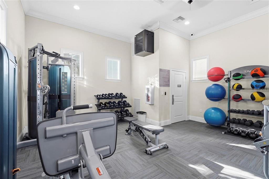 A gym room features a weight rack, exercise balls, a bench, and a cable machine — 13922 WOODBRIDGE TERRACE, BRADENTON, FL
