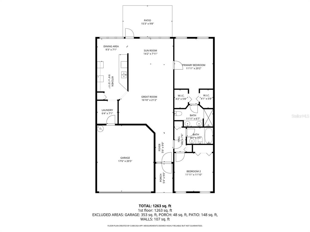 This is a floor plan for a single-story home with two bedrooms and a garage — 9027 WARWICK LANE, NEW PORT RICHEY, FL