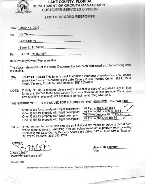 This document is a 2005 Lake County Lot of Record Response regarding building permit eligibility — SORRENTO AVENUE, MOUNT PLYMOUTH, FL