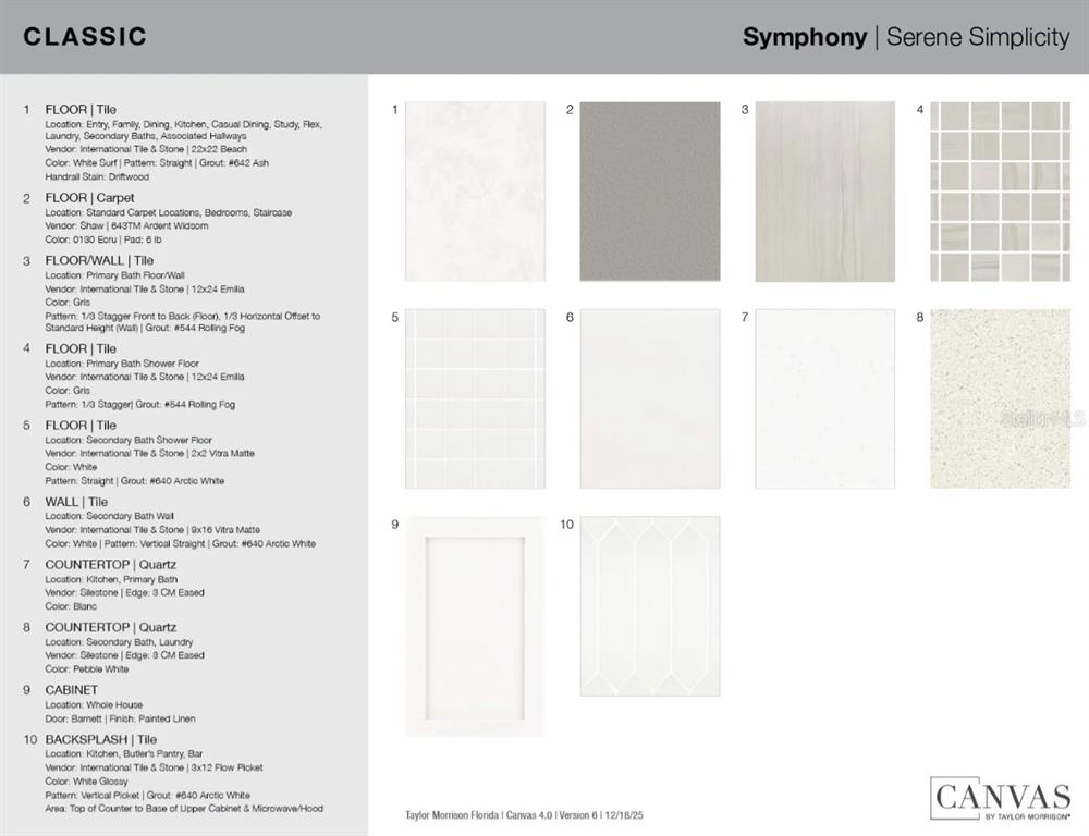 This design board displays various tile, carpet, countertop, and cabinet finish samples for home interiors — 13324 SANTINI CIRCLE, ENGLEWOOD, FL