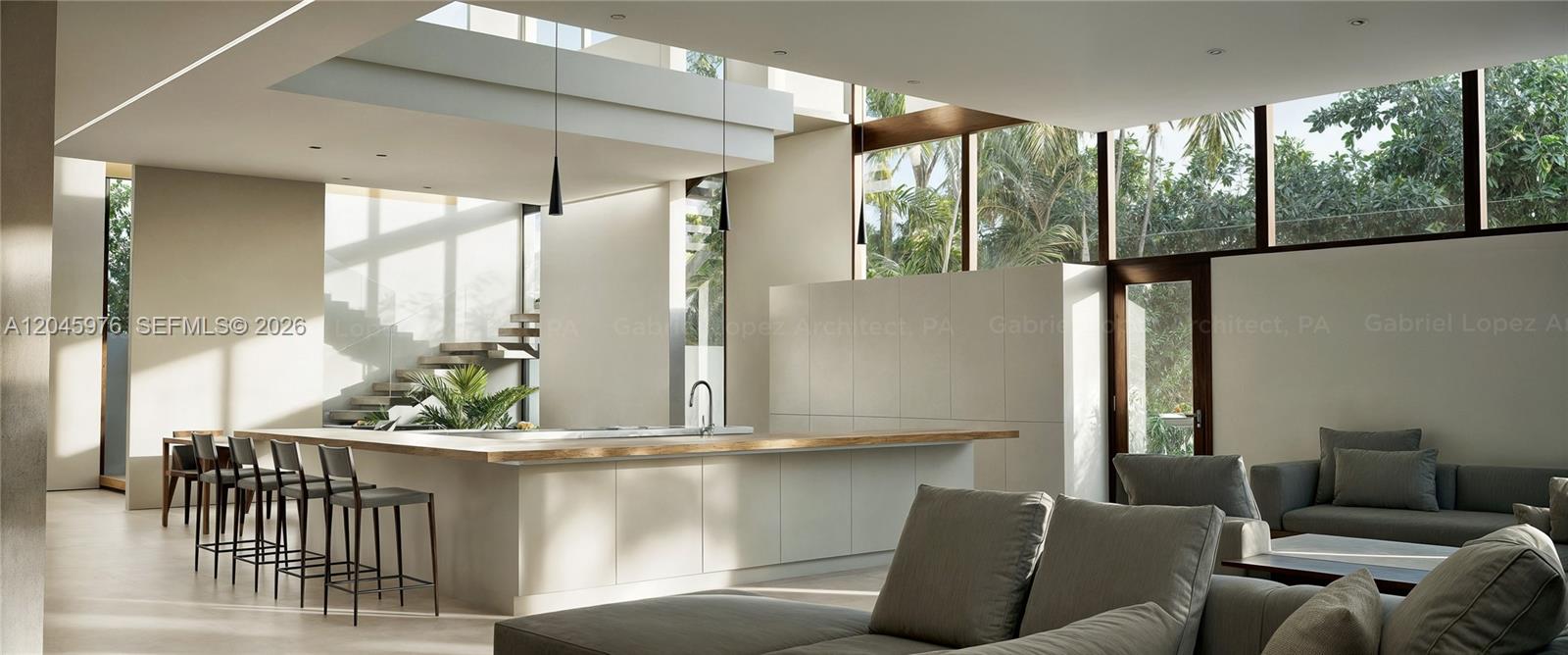 This is a rendering of a modern open-concept kitchen and living area with high ceilings — 1225 SW 11th Ave, Miami FL 33129, MIAMI, FL