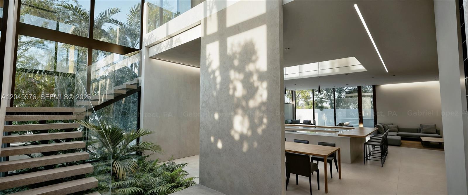 A modern open-concept living area features a floating staircase, concrete walls, and floor-to-ceiling windows — 1225 SW 11th Ave, Miami FL 33129, MIAMI, FL