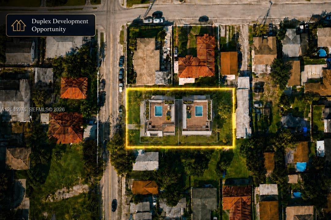 An aerial view shows a rectangular lot containing two modern houses with private pools — 1225 SW 11th Ave, Miami FL 33129, MIAMI, FL