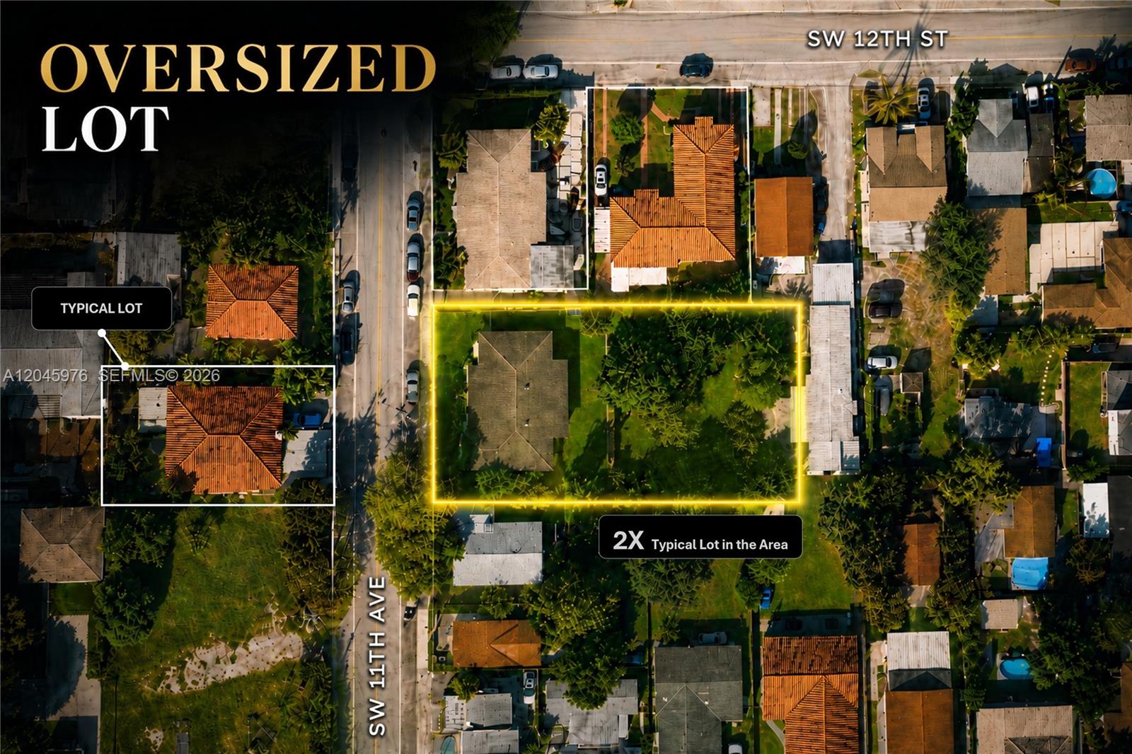 An aerial view shows a large, rectangular residential lot highlighted in yellow among neighboring properties — 1225 SW 11th Ave, Miami FL 33129, MIAMI, FL