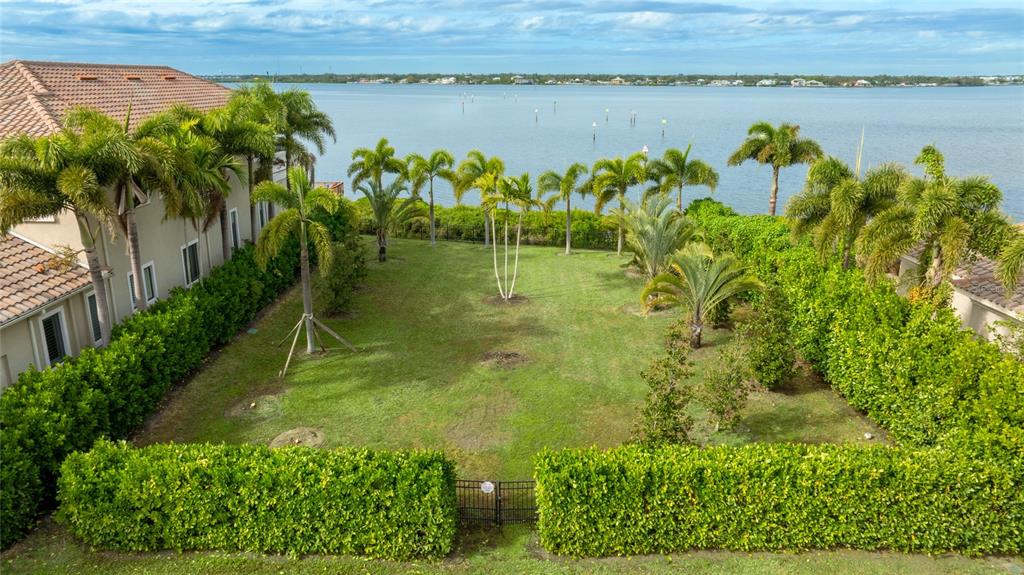 An aerial view shows a grassy backyard enclosed by hedges, palm trees, and waterfront views — 4223 HAWK ISLAND DRIVE, BRADENTON, FL