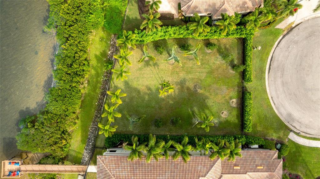 An aerial view shows a rectangular residential lot with palm trees, hedges, and a dock — 4223 HAWK ISLAND DRIVE, BRADENTON, FL