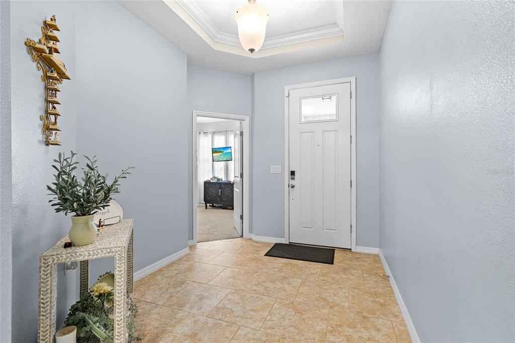 An entryway features light blue walls, tile flooring, a white front door, and a tray ceiling — 1799 RANGER HIGHLANDS ROAD, KISSIMMEE, FL