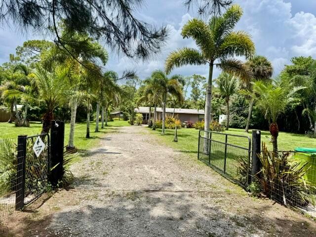 A gravel driveway leads through an open gate toward a house surrounded by palm trees — 13559 24th Court N, Loxahatchee FL 33470, LOXAHATCHEE, FL