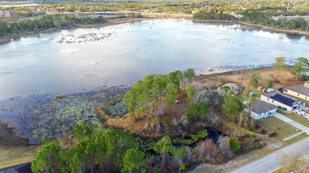 An aerial view shows a residential property bordering a large lake with a wooded area — 458 HAVERSHAM ROAD, DELTONA, FL