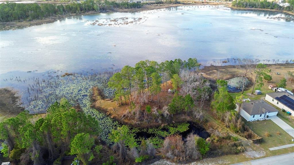 An aerial view shows a wooded peninsula extending into a large lake near a house — 458 HAVERSHAM ROAD, DELTONA, FL