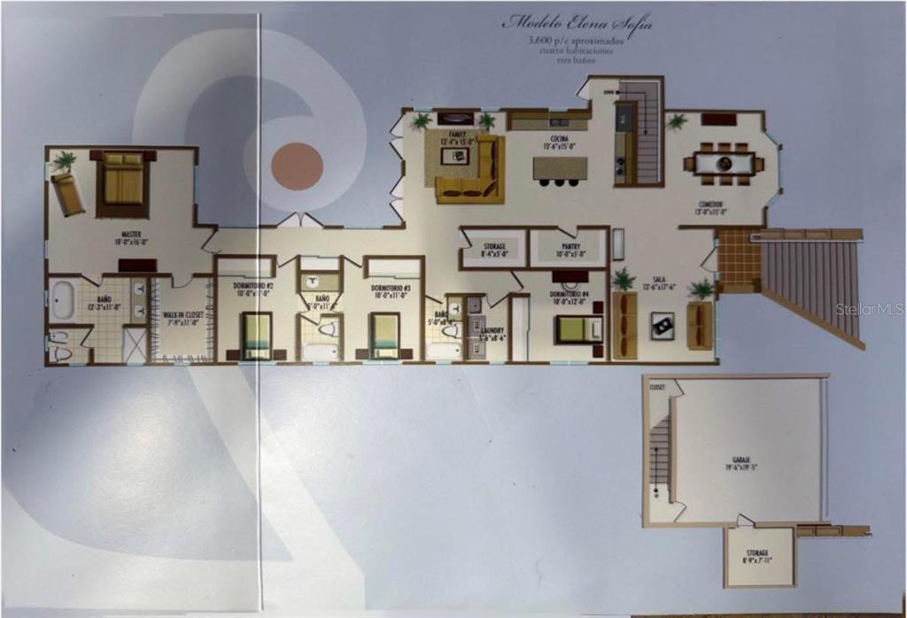 This floor plan shows a four-bedroom, three-bathroom house layout with a garage and storage area — A-70 Calle Persia PALACIO IMPERIAL, TOA ALTA, PR