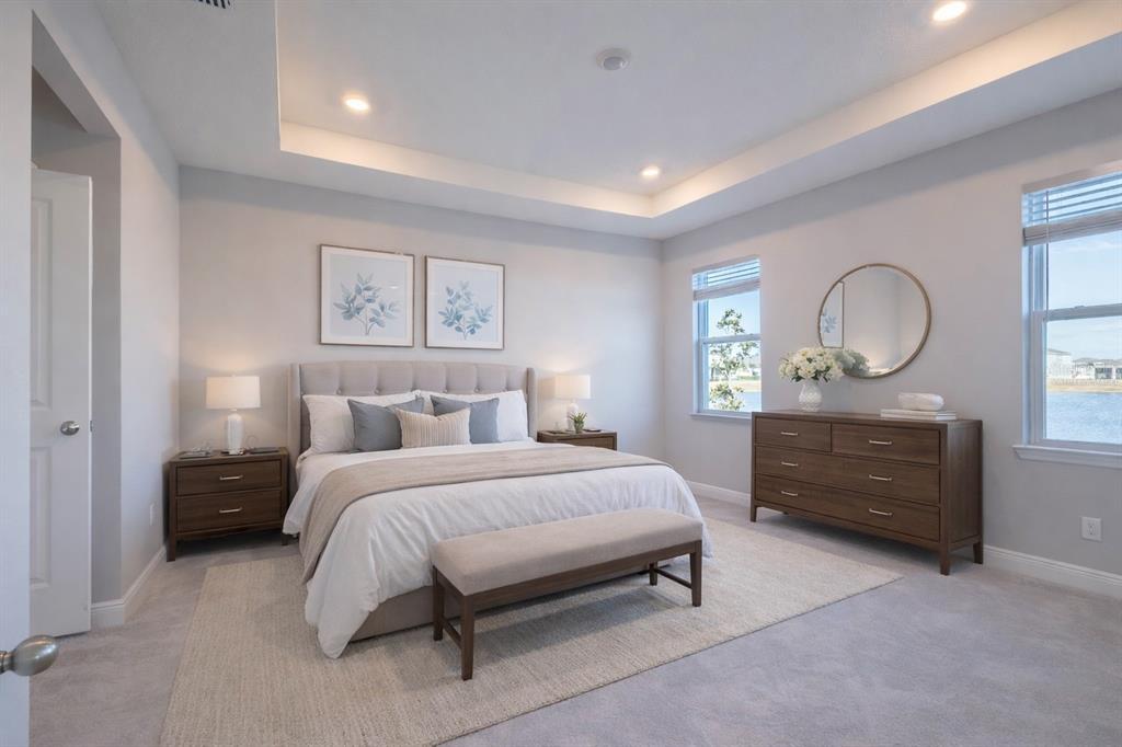 A bedroom features a tray ceiling, a tufted headboard, wooden furniture, and two windows — 345 MANGROVE MANOR DRIVE, APOLLO BEACH, FL