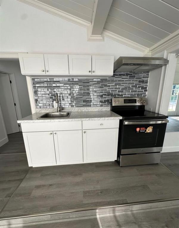 A kitchen features white cabinets, a stainless steel stove, a sink, and a tiled backsplash — 1895 SW LITTLE ROAD UNIT E, LAKE CITY, FL