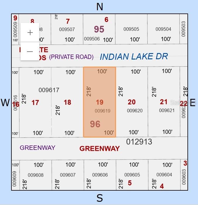 This is a property plat map showing a rectangular lot highlighted in orange — 411 INDIAN LAKE DRIVE, INDIAN LAKE ESTATES, FL