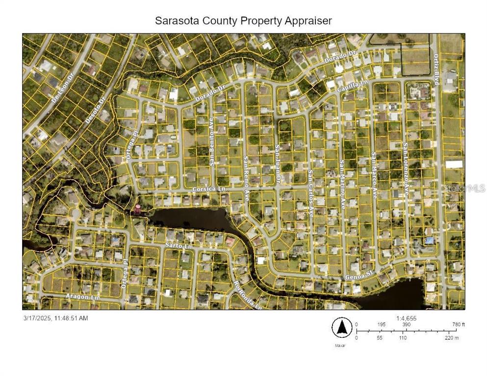 This is a property appraiser map showing residential lots and streets in a neighborhood — CORSICA LANE, NORTH PORT, FL