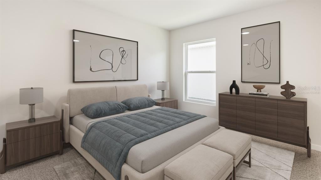 This is a virtually staged bedroom with a bed, two nightstands, and a dresser — 1468 HARMON DRIVE, PORT CHARLOTTE, FL