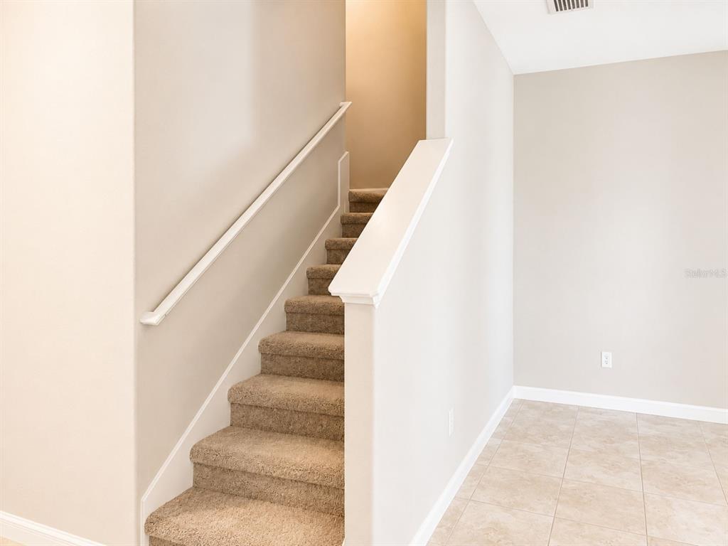 A carpeted staircase with a white handrail leads to an upper level — 17575 BRIGHTON LAKE ROAD, LAND O LAKES, FL