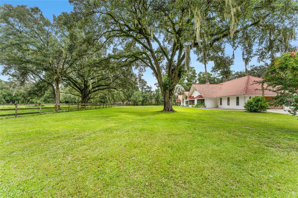 A large, grassy yard features mature oak trees and a white house with a red roof — 553 NE 205TH AVENUE, WILLISTON, FL