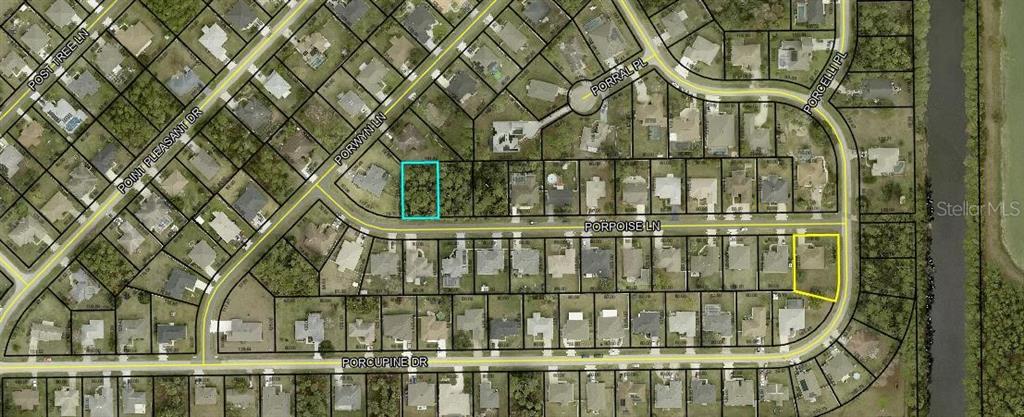 This is an aerial map showing residential lots and streets in a suburban neighborhood — 3 PORPOISE LANE, PALM COAST, FL