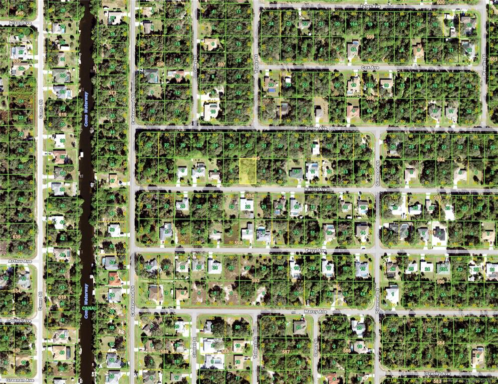 This is a map showing a residential neighborhood with streets, lots, and a waterway — 17344 HARRIS AVENUE, PORT CHARLOTTE, FL