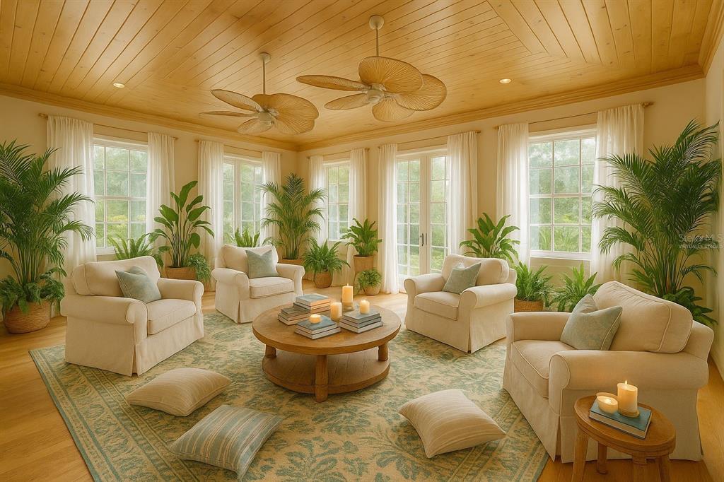 A sunroom with a wood-paneled ceiling, four armchairs, a round coffee table, and potted plants — 226 OGDEN STREET, SARASOTA, FL
