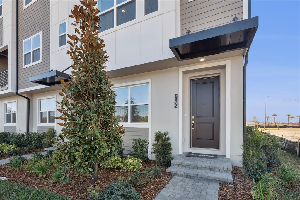 A modern townhouse exterior features a dark front door, stone steps, and a tall tree — 9156 SINATRA LANE, ORLANDO, FL