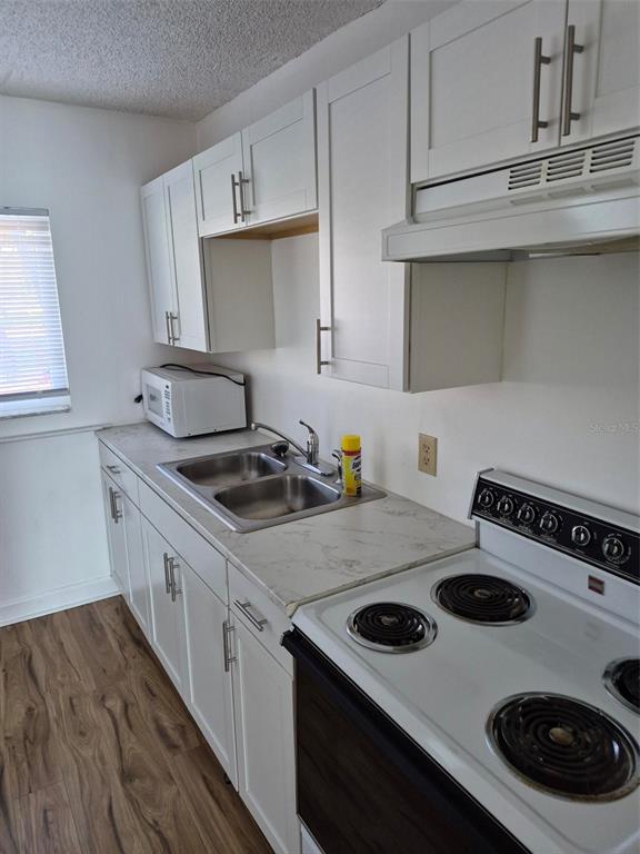 A kitchen features white cabinets, a double-basin sink, a microwave, and an electric stove — 8151 BLIND PASS ROAD UNIT 6, ST PETE BEACH, FL