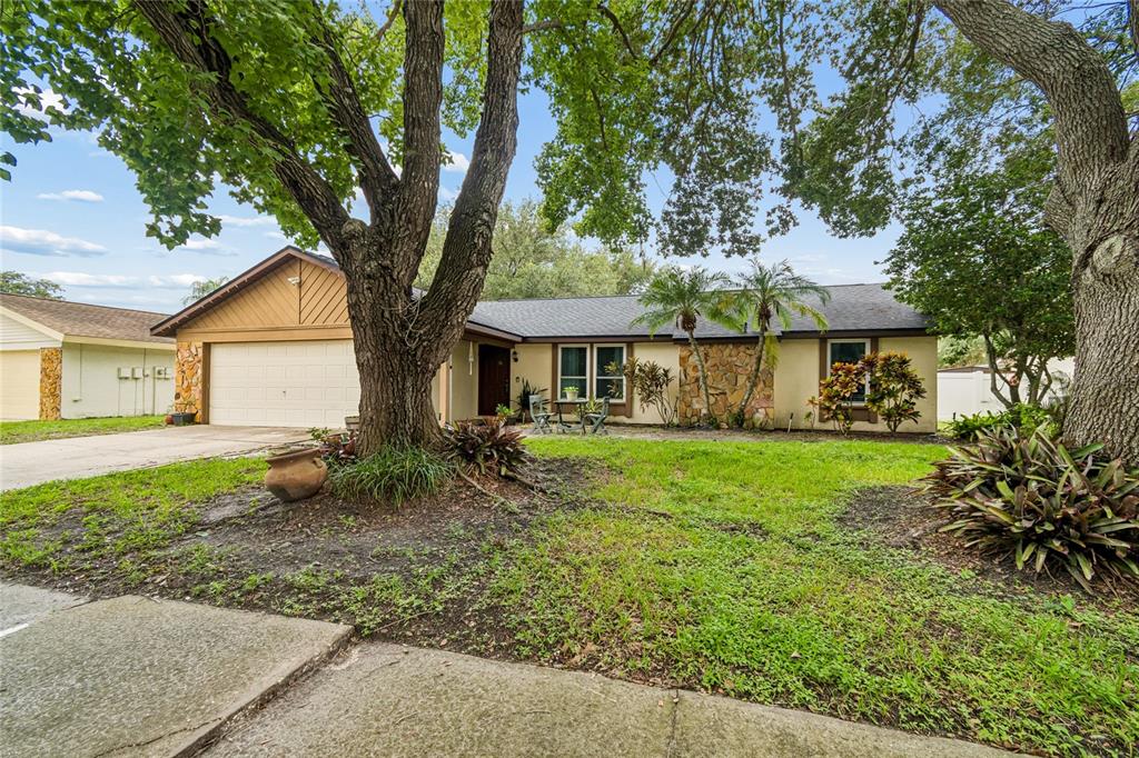 A single-story house with a two-car garage, stone accents, and large trees in the yard — 15116 TRAIL CREEK PLACE, TAMPA, FL