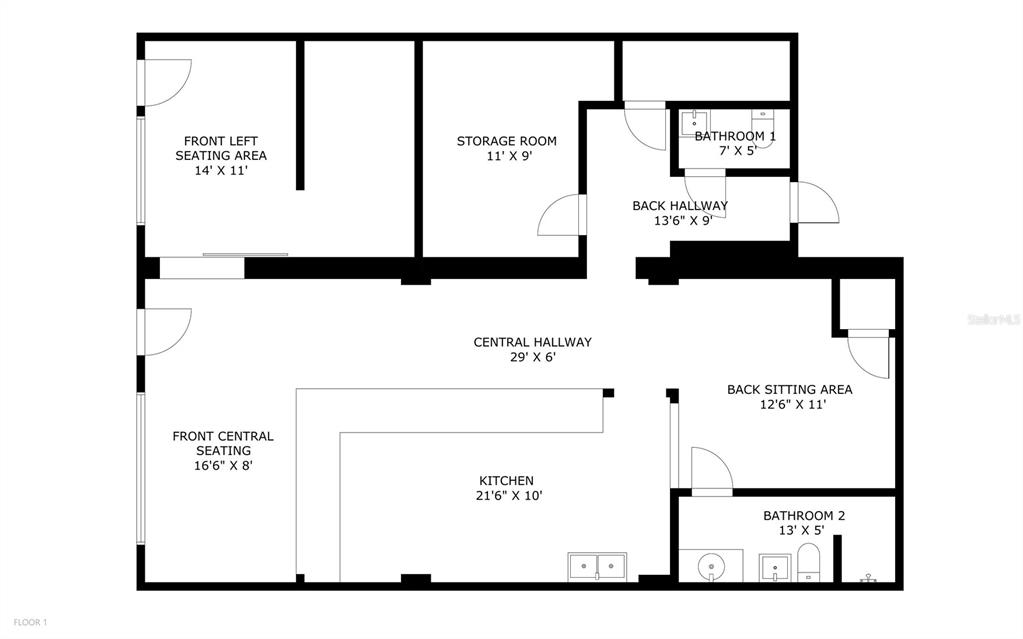 This is a floor plan showing a commercial space with multiple seating areas and two bathrooms — 1 W CENTRAL AVENUE, LAKE WALES, FL