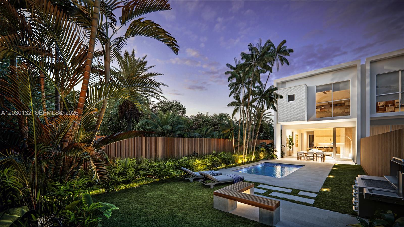 This is a rendering of a modern house backyard featuring a pool, patio, and landscaping — 2841 SW 38th Ct unit B, Miami FL 33134, MIAMI, FL