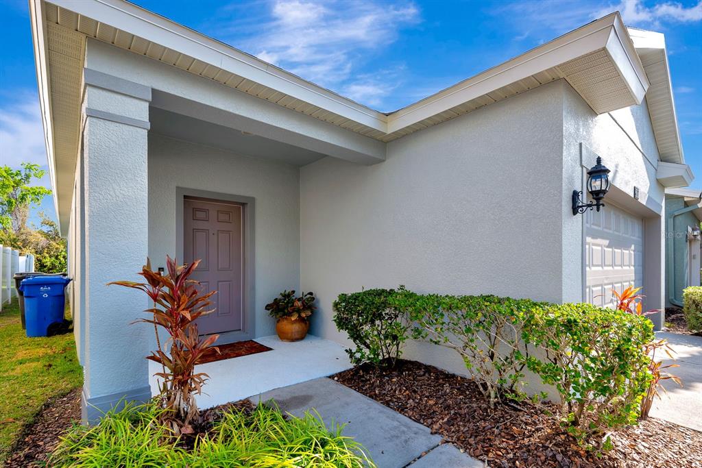 A light-colored house exterior features a covered entryway, a mauve front door, and a garage — 9116 MOUNTAIN CAMELLIA LANE, RIVERVIEW, FL