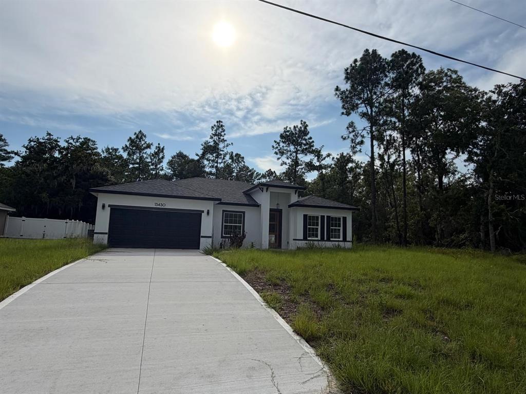 A single-story house with a white exterior, black garage door, and a concrete driveway — 13430 SW 88TH TERRACE, DUNNELLON, FL